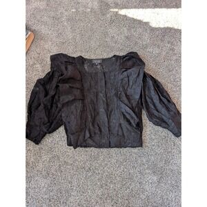 Gracia Black Floral‎ Lace Puff Sleeve Ruffle Front Zip Top Small